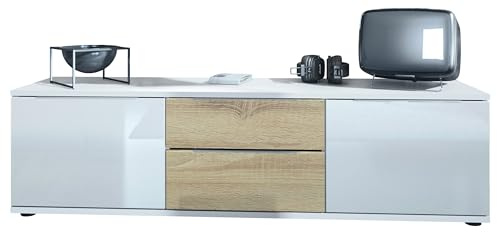 Vladon TV Lowboard Linio V1, Fernsehtisch mit 2 Türen und 2 Schubladen – Weiß/Eiche sägerau (138,5 x 37,5 x 35 cm)