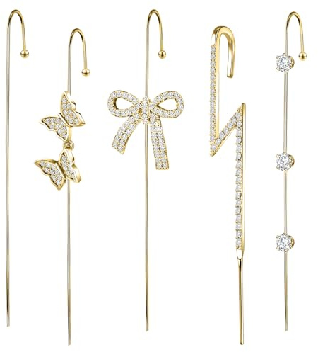 AccGin Trendy Pierced Ear Crawler Earrings for Women Gold & Silver Snowflake Rhinestone Helix Hook Set Fashionista Jewelry with Secure Ear Plug Fixer for Daily & Evening Outfits