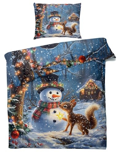 Generisch Weihnachten Bettwäsche 135x200 Winter - Schneemann Eichhörnchen Bettbezug 135 x 200 2er Set, Weiche Mikrofaser Bettbezüge & Kissenbezug 80x80, Bettwäsche-Sets mit Reißverschluss M#&-200