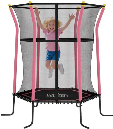 HOMCOM Trampolino Elastico per Bambini 3-10 Anni con Ingresso a Cerniera e Pali Imbottiti, Tappeto Elastico in Acciaio, PP e EPE, 122x111x190 cm, Rosa