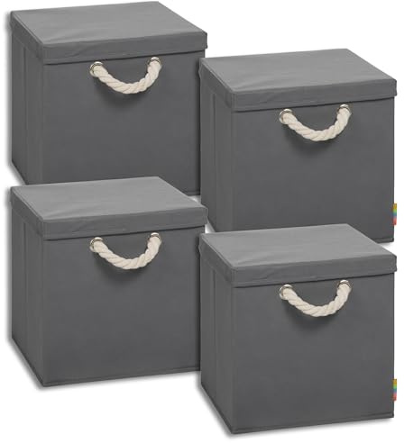 Storanda | 4er Set Aufbewahrungsbox mit Deckel | Kordel Griffband | Stabile & Faltbare Boxen | Regalboxen für Würfelregal Kallax | Ideal für Zuhause & Kinderzimmer | 31x31x30 cm | Anthrazit