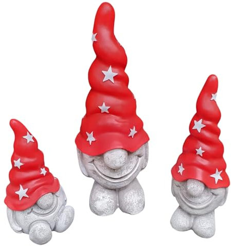 Aspinaworld Lot de 3 nains de jardin avec bonnet étoile rouge, 36 cm, figurine pour le jardin, décoration résistante aux intempéries