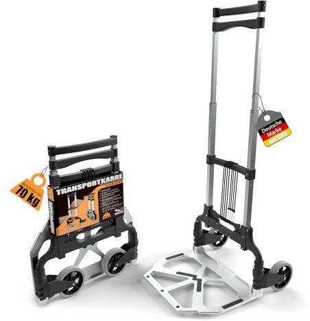 Aluminium Transportkarre klappbar Langer 110cm Teleskop-Griff belastbar bis 70kg - Sackkarre klappbar - Anti-Rutsch-Pads leise Soft-Räder + 2 Expanderseile - BigDean