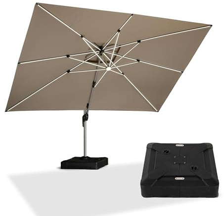 PURPLE LEAF 300 × 400 cm Sonnenschirm mit Ständer LED 360° Drehbar, Beige | 8 LED-Schirmstreben für Lange Abende, Schirmständer, XL-Schatten, Einfaches Öffnen, Rostfreier Alurahmen, Ampelschirm