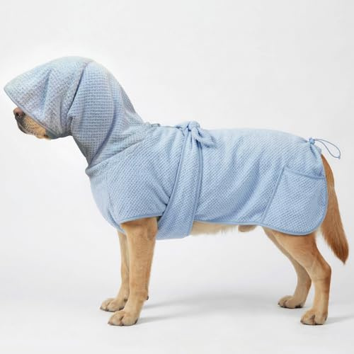 KOOGAL Medium to Large Size Dog Bathrobe, Quick Drying Super Absorbent Used for After Bathing, Warm Dog Towels, Adjustable Hoodies and Belts for Pet Dogs Bath Clothes Products(Blue Jacquard, 5XL)