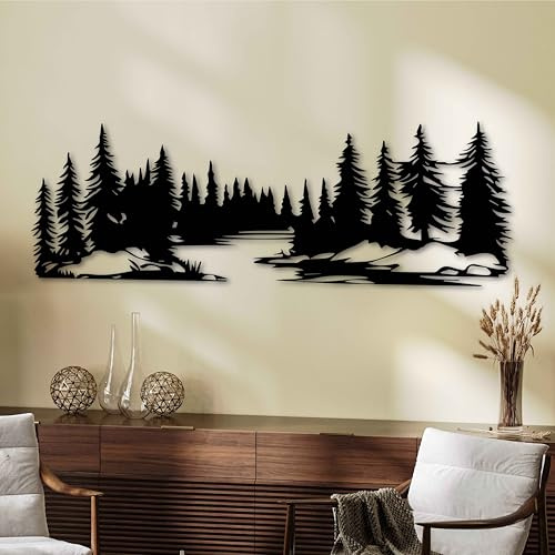KAWA METALWORKS Bäume und Flusslandschaft Metall Wandkunst Wald Rustikaler Metall-Wandbehang Lodge und Cottage Wanddekoration Natur inspirierte Wandskulptur Innen- und Außendekoration
