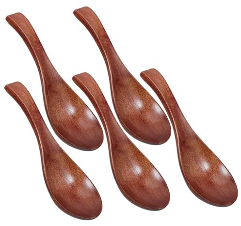 Yardenfun 5 Pièces Cuillères Bois Japonaises Longues pour Riz Ramen et Soupe Ustensiles de Cuisine Multifonctionnels avec Manche Long pour Manger et Servir