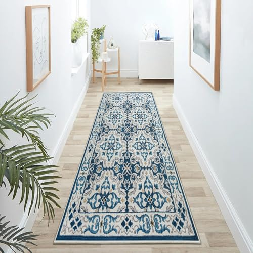 Hafaa Blue Runner Rugs for Hallway Non-Slip Traditional Pattern Carpet for living room 60 x 220 cm Runner – Printed Carpets Runner for Lounge Office Bedroom (LUNA)