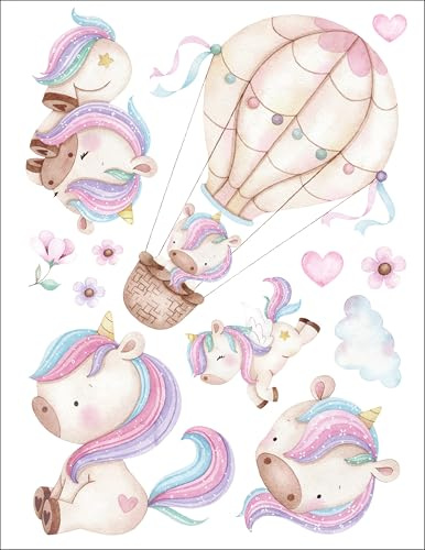 Bügelbilder Set für Textilien DIN A4 Kinder Mädchen Jungen Dino Einhorn Waldtiere Aufbügelbild zum aufbügeln verschiedene Designs Aufbügler Transferbilder (30 - Einhörner Heißluftballon)