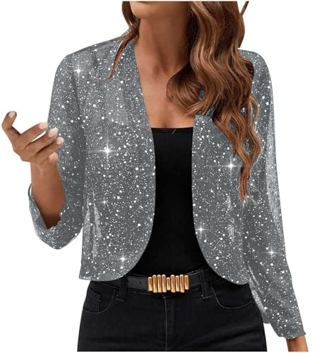 Cardigans for Women UK Elegant Sequin Mesh Cardigan Jacket Ladies Sparkly Shiny Open Front Cropped Tops Glitter Party Evening Bolero Thin Shrug Cocktail Wedding Guest Outerwear Gray