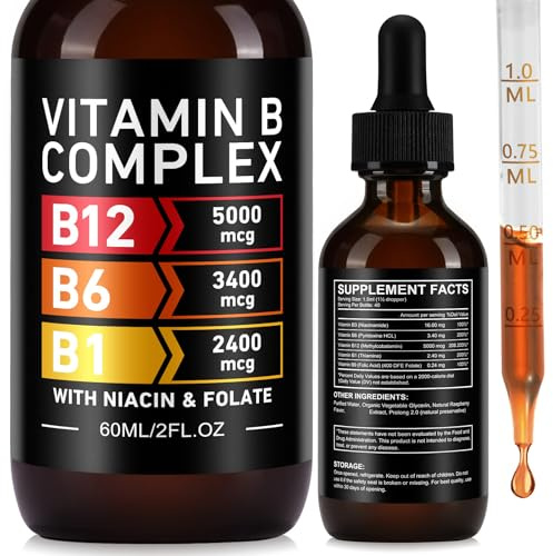 Vitamin B Complex Liquid Drops, 60ml High Strength B-Vitamin Complex Drops Vitamin B3 B6 B12 B1& Folate, Supports Immune System and Energy Levels, Brain Heart Function (60ML)