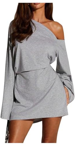 Milumia Women's Off The Shoulder Ruched Mini Dress Asymmetrical Long Bell Sleeve Casual Dresses Grey Large