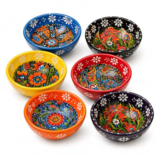 JRose Collections Handgefertigte türkische Keramikschalen Set von 6 - 8 cm Mini-Dipschalen mit verschiedenen Iznik-Blumenmustern - Mehrfarbige dekorative Snackschalen für Saucen, Nüsse, Gewürze