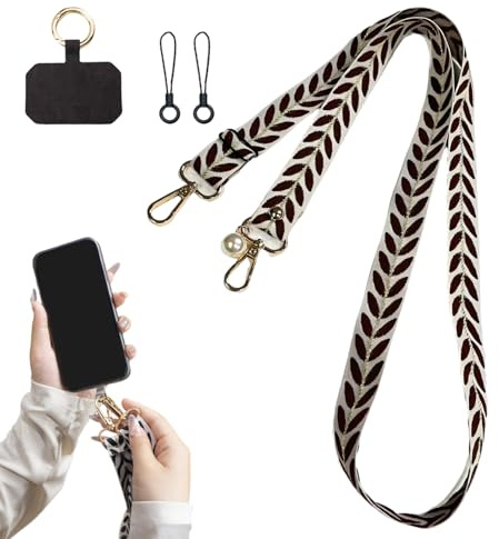 EuSupNova Feuilles et Perles Cordon Téléphone Portable Universelle, Lanière pour Téléphone Noire à Suspendre Chaîne, Cordon de Collier Ajustable, Breloque Universelle Imprimée Pourportable