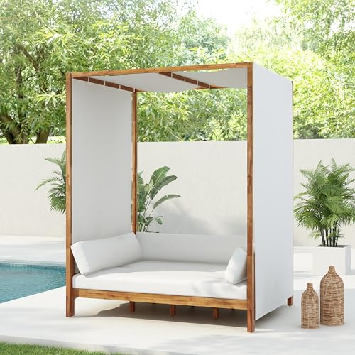 Christopher Kinght Home Outdoor Acacia Wood Daybed with Canopy and Curtains, Cushions and Detachable Pillows, 72'' W Patio Canopy Bed, Patio Garden Sofa, Patio Furniture Set for Deck Garden, White