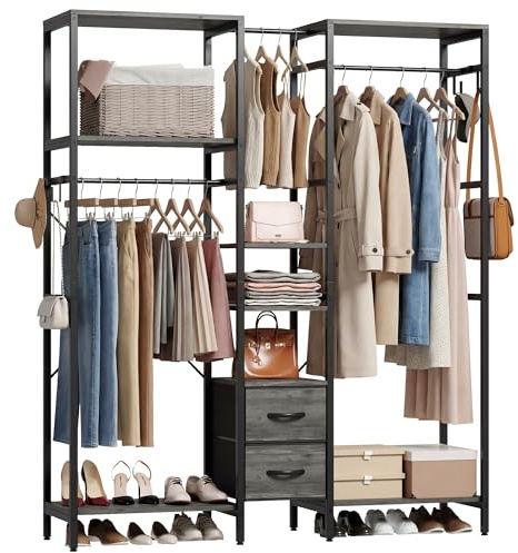 IRONCK Offener Kleiderschrank, Kleiderständer, Freistehendes Schranksystem | unterschiedlich hohe Kleiderstangen für lange und kurze Kleidung, für Schlafzimmer Ankleidezimmer, 150×38×180 cm, Eichengrau