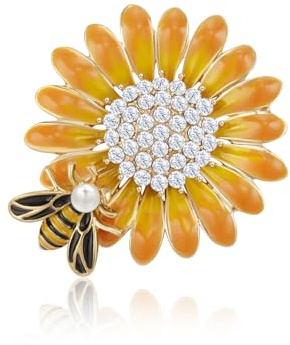 QUKE Brosche Biene Sonnenblume für Damen & Mädchen, Emaille Blumenbrosche Goldton mit Perle & Zirkonia, Vintage Accessoire Geschenk