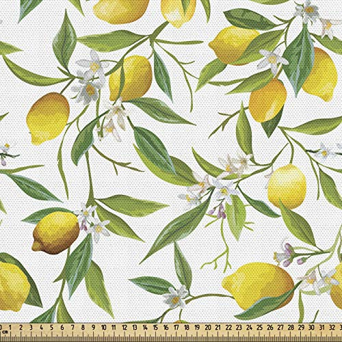 ABAKUHAUS Natur Gewebe als Meterware, Zitrone Woody Romantisch, Dicht Gewebter Stoff zum Nähen Polster Wohnaccessoires, 3M (148x300cm),Farngrün Gelb Weiß