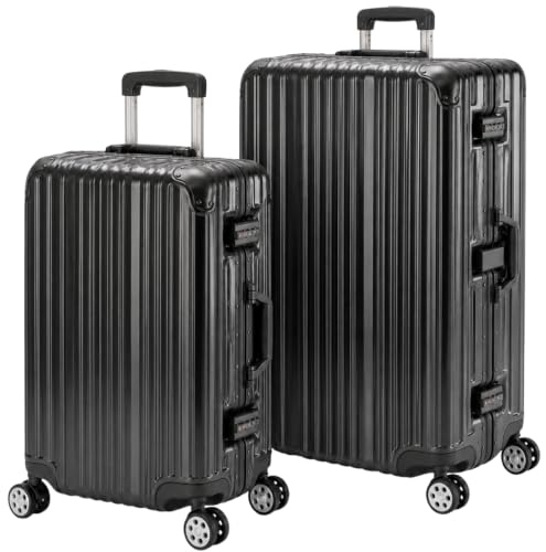 Travelhouse® London Aluminium-Rahmen Koffer-Set Schwarz | Polycarbonat-Hartschale, Ohne Reißverschluss, TSA-Schloss, 4x 360° Doppel-Rollen, M+L