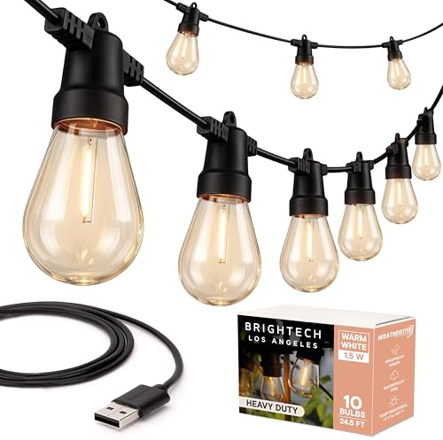 Brightech Ambience Pro USB Powered String Lights - 24 Ft Commercial Grade Waterproof String Lights - Outdoor Shatterproof Patio Lights for Camping, Backyard, Porch, Christmas - 1W 12 Bulbs, Warm White