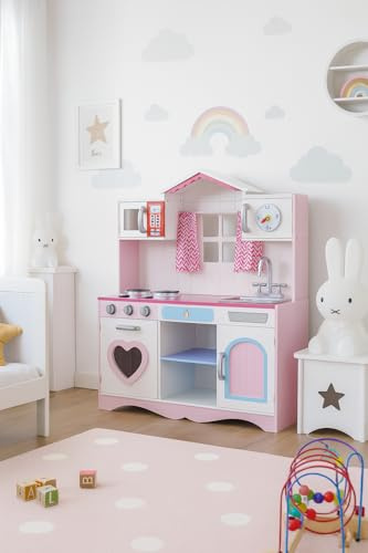 LEOMARK Rosa Küche aus Holz – Pink Play – Nachahmungsspiel, Guten Appetit, Küchenherd für Kinder, Maße: 82 x 30 x 101 (H) cm, + Töpfe aus Metall mit Zubehör