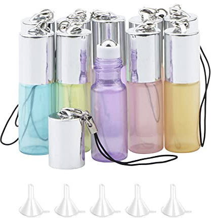 Rowiz 10pcs Essential Oils Roller Bottles, Mixed Pearlescent Colors 5ml Roll on Bottles, Perfume Cosmetic Sample Empty Container, Glass Rollerball Bottles with Hang string Cap