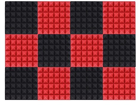 24 Pack 12X 12X1 Soundproofing Acoustic Studio Wedge Foam Tiles Wall Panels, Acoustic Panels Studio Soundproofing Foam Wedge Tiles (Black + Red)