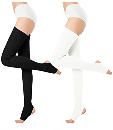 v28 Women Girls Thigh High Neon Ribbed Long 80s 90s Party Skating Leg Warmers (One Size, Hole86-Black+White)