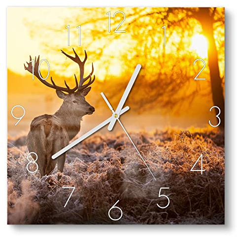 DEQORI Glasuhr | 30x30 cm | Motiv Hirsch am Wintermorgen | ausgefallene leise Design Uhr aus Glas | Wanduhr für Wohnzimmer & Küche | Moderne Hingucker Uhr für die Wand