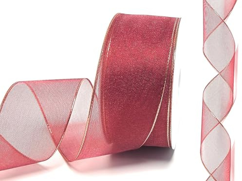 s.dekoda Schleifenband Organza 25m x 40mm Weinrot - Gold Organzaband mit Drahteinlagen [1519]