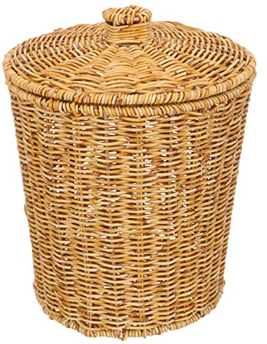 Milisten Poubelle en osier avec couvercle - Panier de rangement rond en rotin tissé - Petite poubelle pour salle de bain, cuisine, bureau, salon, buanderie, décoration d'intérieur - 28 cm