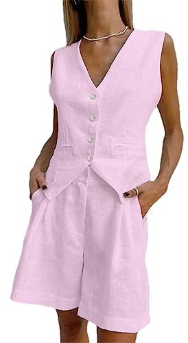 Gilet en lin ensembles de shorts femmes sans manches simple boutonnage haut deux pièces ensemble débardeur femme ensemble décontracté rose clair M