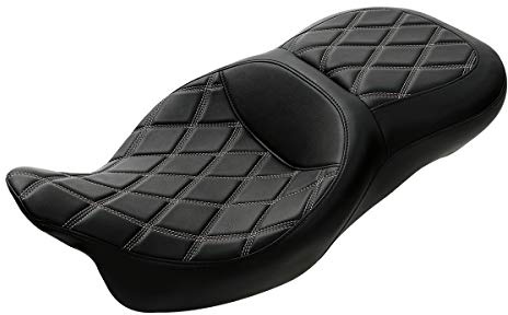 C.C. RIDER Driver Leather Passenger Seat - Fat Diamond 2-Up Gel Touring Seat Fit for Harley Touring Road King Street Glide Road Glide Electra Glide 2009-2023, Gray Brown Lattice
