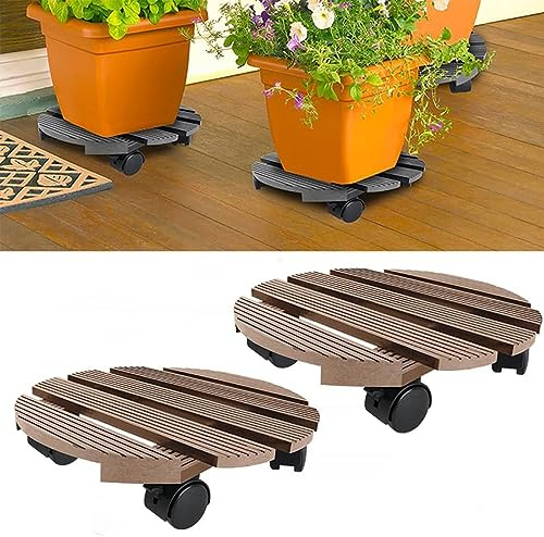AufuN 30 x 30 cm WPC Pflanzenroller Blumenroller Untersetzer | Rollbrett Pflanzen mit PP-Räder, Kübelroller für Außenbereich und Innenbereich Dunkelbraun Rund, 2 Stück