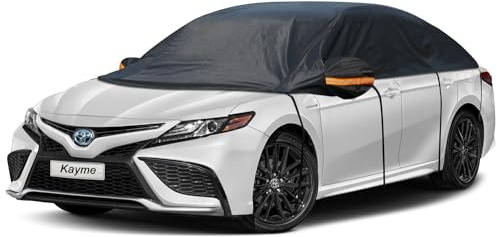 Kayme Half Car Cover, Windshield Cover for Ice and Snow Top with Reflective Straps, Roof Cover Waterproof All Weather Dust, Sun Protection. Front Rear Window Cover Fit Sedan. 3XL (128-139)