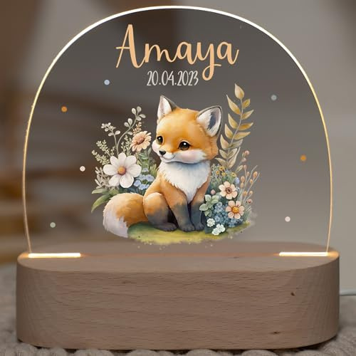 Kidsmood - Individualisiertes Nachtlicht für Babys - Dimmbare LED Nachtlampe für Kinder-Zimmer - Nachttischlampe als personalisierte Geschenke Kinder, Baby-Geschenk zur Geburt [Fuchs Floral]