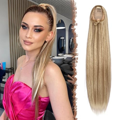 FESHFEN Pferdeschwanz Extensions mit Kordelzug Lang Gerade Zopf Kordelzug Pferdeschwanz Haarteil Glatt Gemischtes Blond Haarverlängerungen Synthetik Drawstring Ponytail Extension für Damen 60 cm