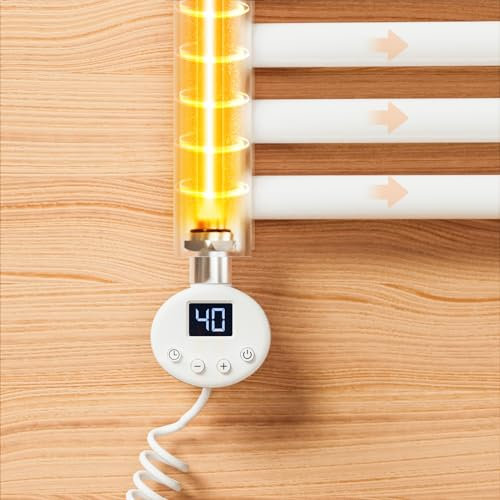 EMKE Heizstab Badheizkörper 600W, Heizpatrone aus Edelstahl für Heizkörper Elektrischer Handtuchheizkörper, Heizstab mit Thermostat Elektronischer Temperaturregler und Timerfunktion Weiß