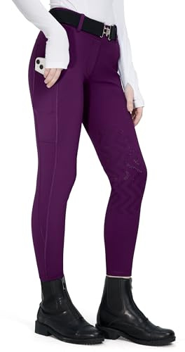 FitsT4 Sports Girls Winter Riding Breeches Kids Fleece Horse Riding Pants Knee-Patch Equestrian Schooling Tights Pockets Purple Small