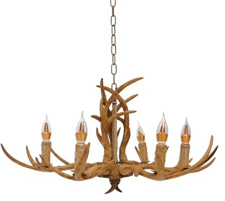 Treeisland Geweih Kronleuchter mit Antler Decken Leuchte, 6 Lampe Geweih Deckenlampe Hirschgeweih Pendelleuchte für Wohnzimmer Schlafzimmer Esszimmer Bar