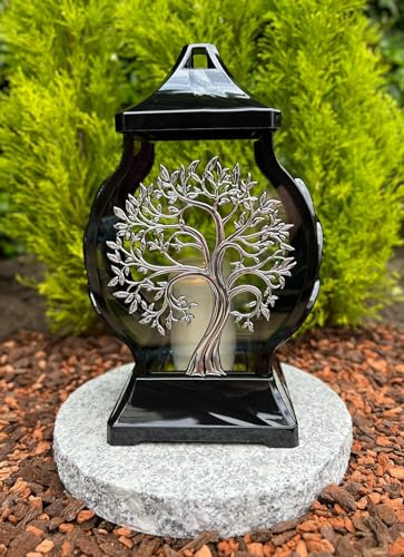 Grablampe Grablaterne mit Baum-Motiv 29,5 cm H. Silber Farbe Grabkerze Kerze Grabkerze Grablicht Gartenlampe inkl. Kerze