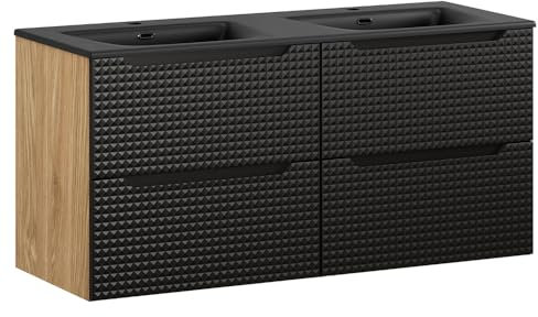 Lomadox Doppelwaschtisch 120 cm Eiche mit schwarz, Keramik-Waschbecken, grifflose 3D-Front, 4 Softclose-Auszüge