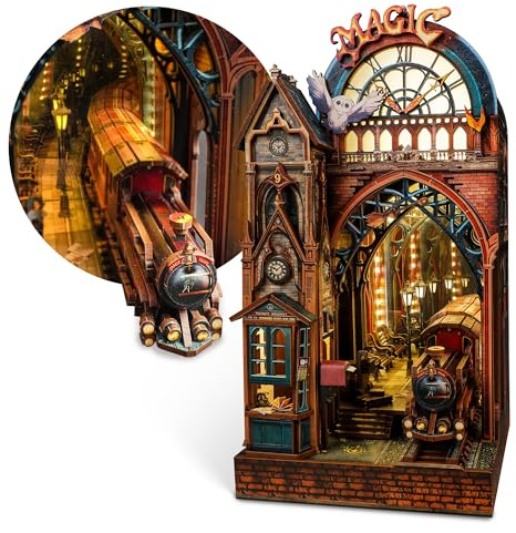 FUNPOLA Puzzle 3D LED Magic Station Book Nook Kit – Miniatura magica in legno con spazio di estensione infinito, inserto DIY per libreria e idea decorativa regalo (Stazione Magica)
