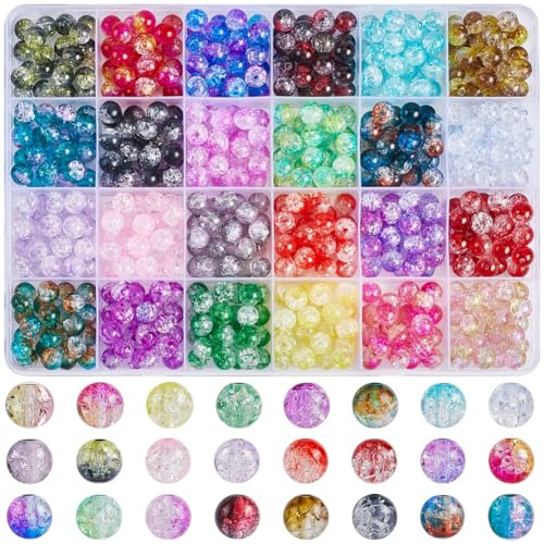 SOFPLATE 1 boîte de 600 pièces de 24 Couleurs de Perles Craquelées en Acrylique de 8mm Perles en Verre Craquelé en Cristal Multicolore Bubblegum Lampwork en Vrac Perles Rondes en Plastique pour la FA