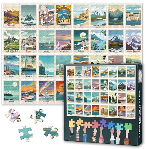 1000 Pieces Scenic Spot Collection Jigsaw Puzzles Funny Puzzle for Adults Family Decompression Challenging Landscape Collection Jigsaw Puzzles as Gift for Friends 27.5X19.7