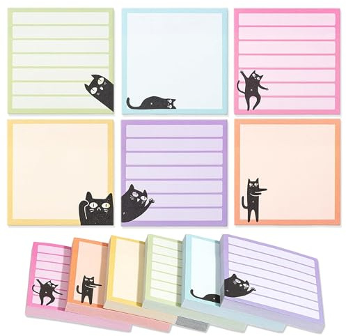 Wonninek Niedliche Haftnotizen, 7,6 x 7,6 cm, 480 Blatt, verschiedene helle Farben, selbstklebend, schwarze Katze, lustige Haftnotizen, Papier-Set für Büro, Lehrer, Studenten, Schule, Kawaii
