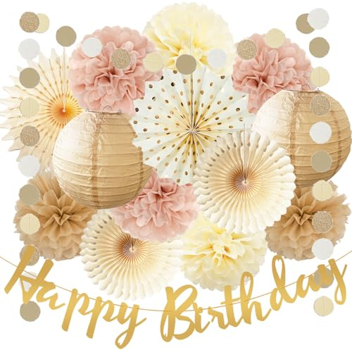Geburtstagsdeko Champagner Gold Beige Dusty Rose Boho Geburtstag Neutral Babyparty Deko Beige Papierfächer Pompons Papierlaternen für Frauen und Mädchen Geburtstag Vintage Deko