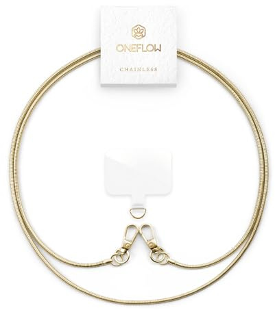 ONEFLOW Universal Handykette zum Umhängen Abnehmbar Edelstahl, Handyband für Hüllen, Metall Kette lang mit 2 Karabiner ohne Handyhülle für alle Smartphones, Chainless Fine Chain, Gold