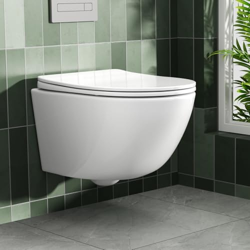 Rainsworth Hänge WC Spülrandlos Toilette - Starker Spülung, Kloschüssel inklusive WC-Sitz Absenkautomatik, Kompakt KeramikToilette, 48,5 cm lang, Einfach zu einigen, für Badezimmer-Aufstieg