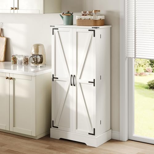 Köksskåp med dubbeldörr, hushållsskåp med justerbara hyllor och förvaringsutrymme, modernt universalskåp med fack, för matsal vardagsrum, kök, randig design, vit (60 x 35 x 128,5 cm)